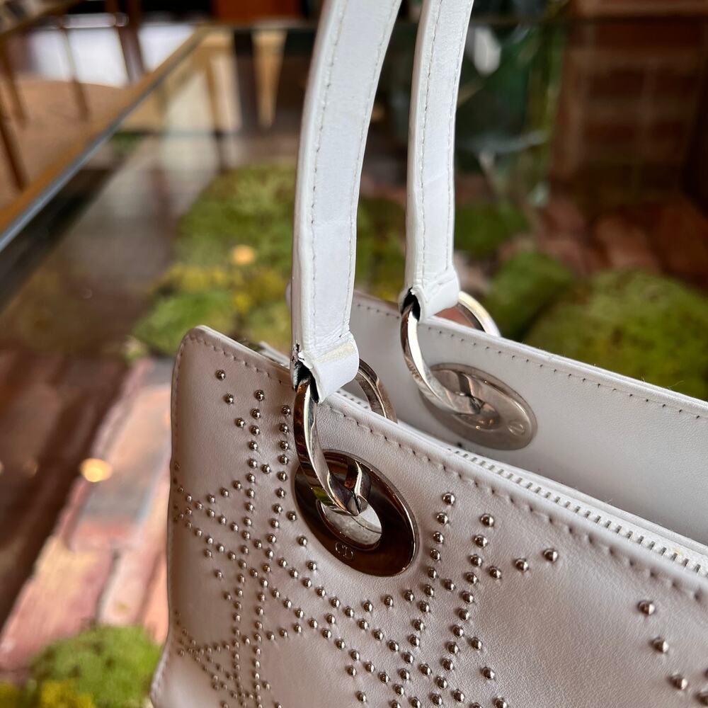 DIOR Lady Dior East West White Calfskin Leather Studded Tote Bag - Picture 12 of 16